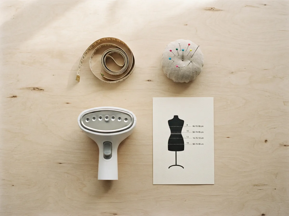 A tidy arrangement of clothing care tools and a size chart