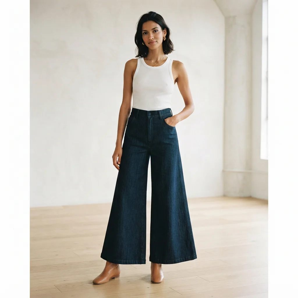 A full-length view of the Perfect Fit Palazzo Twill Denim Ankle Jeans on a model, showing the elegant drape.