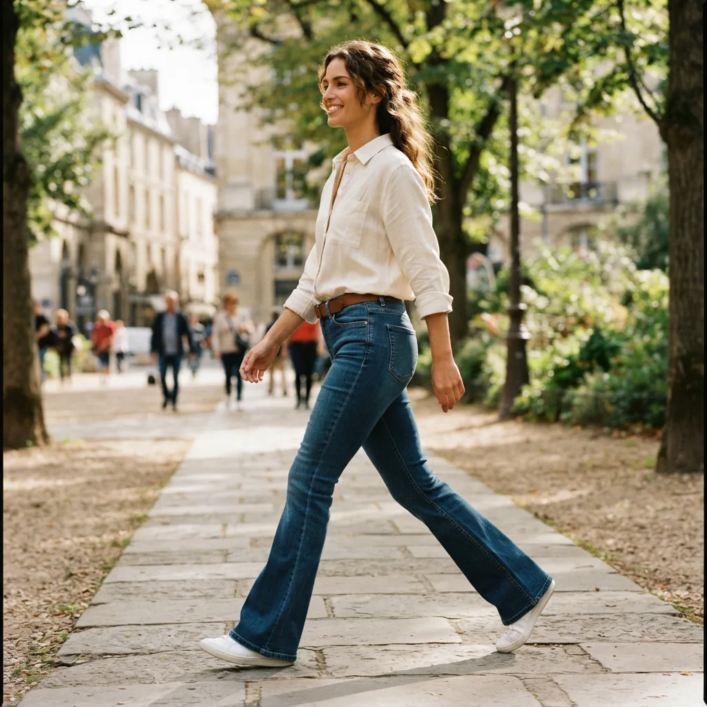 A model in the Perfect Fit Flared Stretch Denim Jeans, captured in mid-stride to show the flare movement.