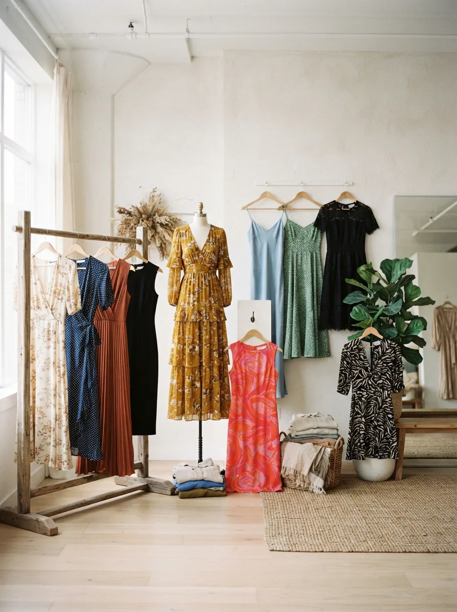 A diverse selection of Gibson & Latimer dresses displayed in an elegant, minimalist setting.