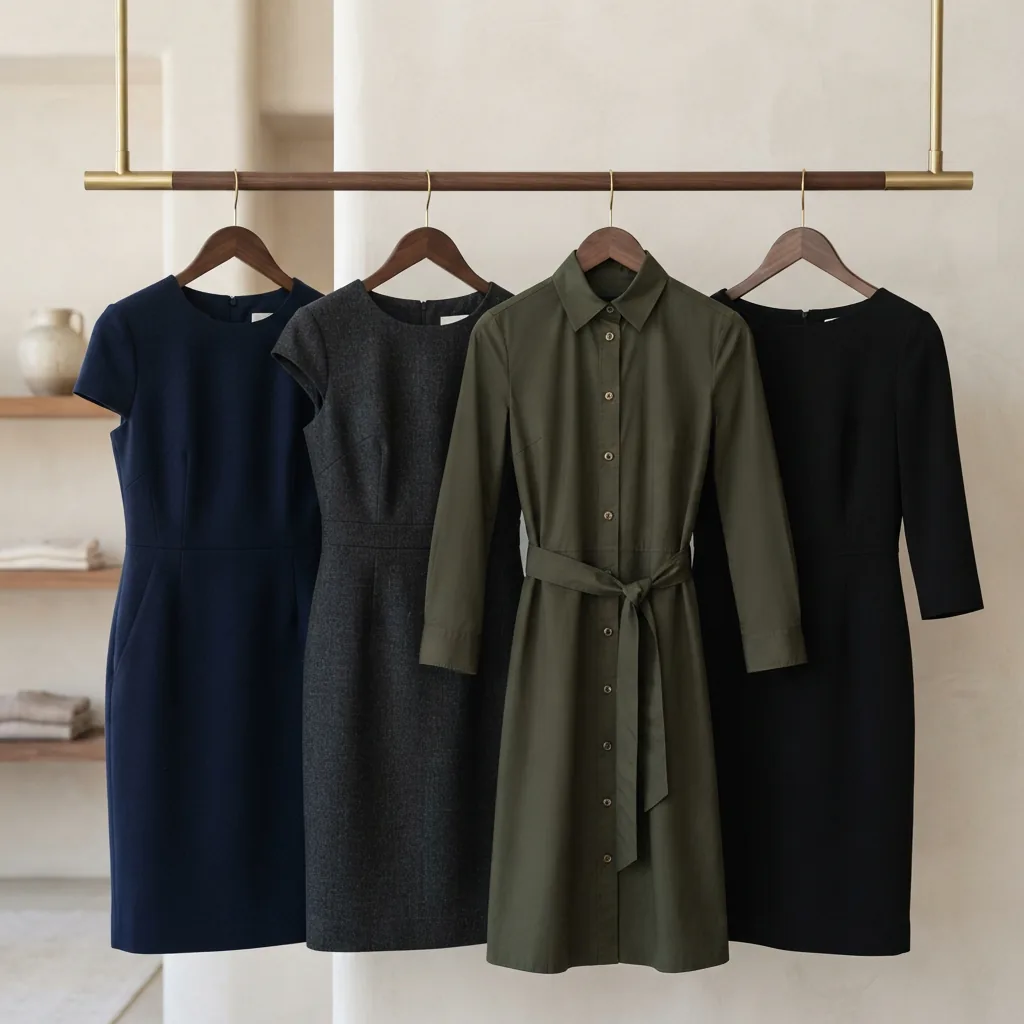 A collection of structured sheath and shirt dresses suitable for office wear.