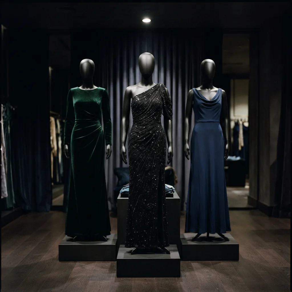 Elegant dresses featuring unique necklines and luxurious fabrics like velvet.