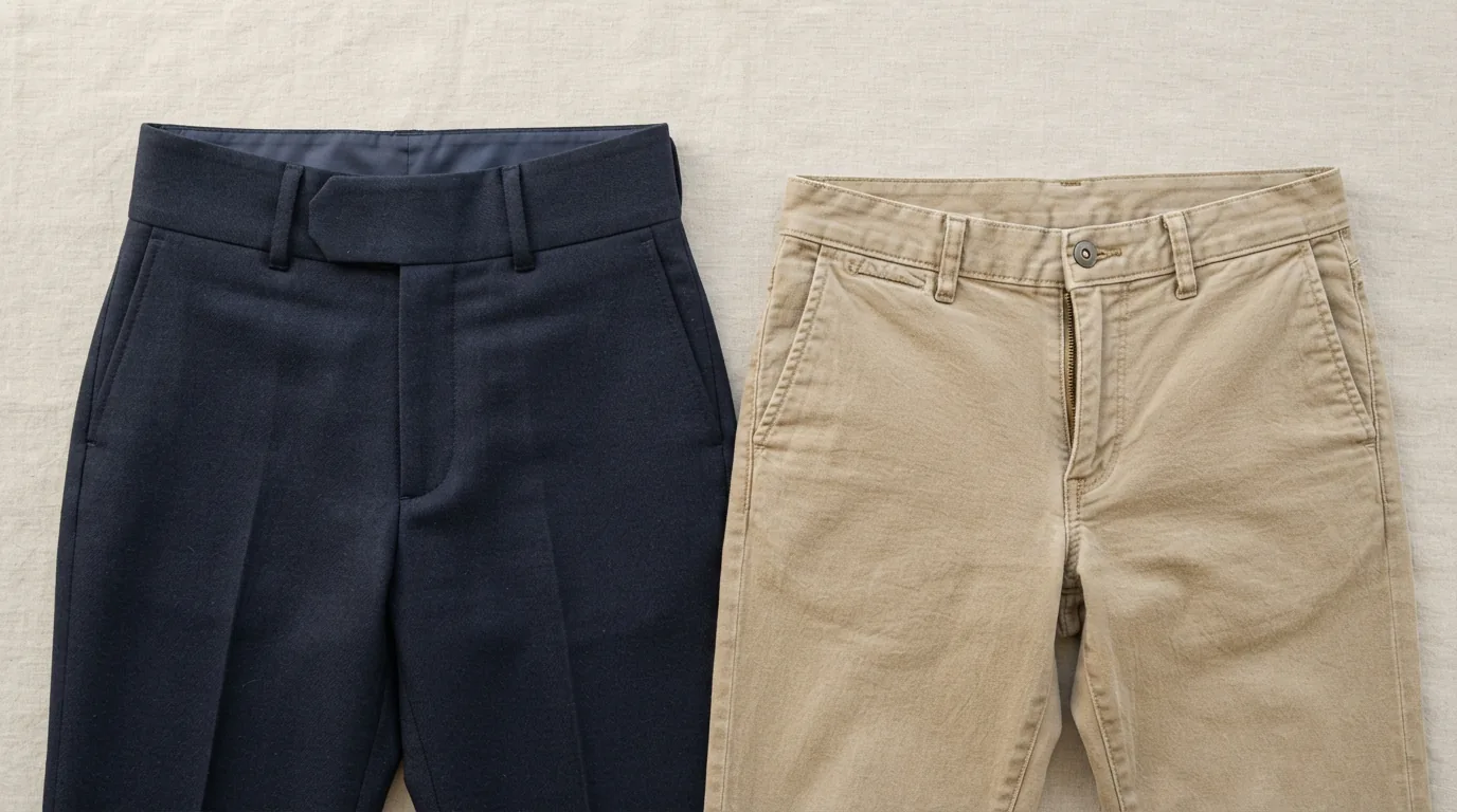 A flat lay comparing high-rise and mid-rise waistbands on different pant styles.