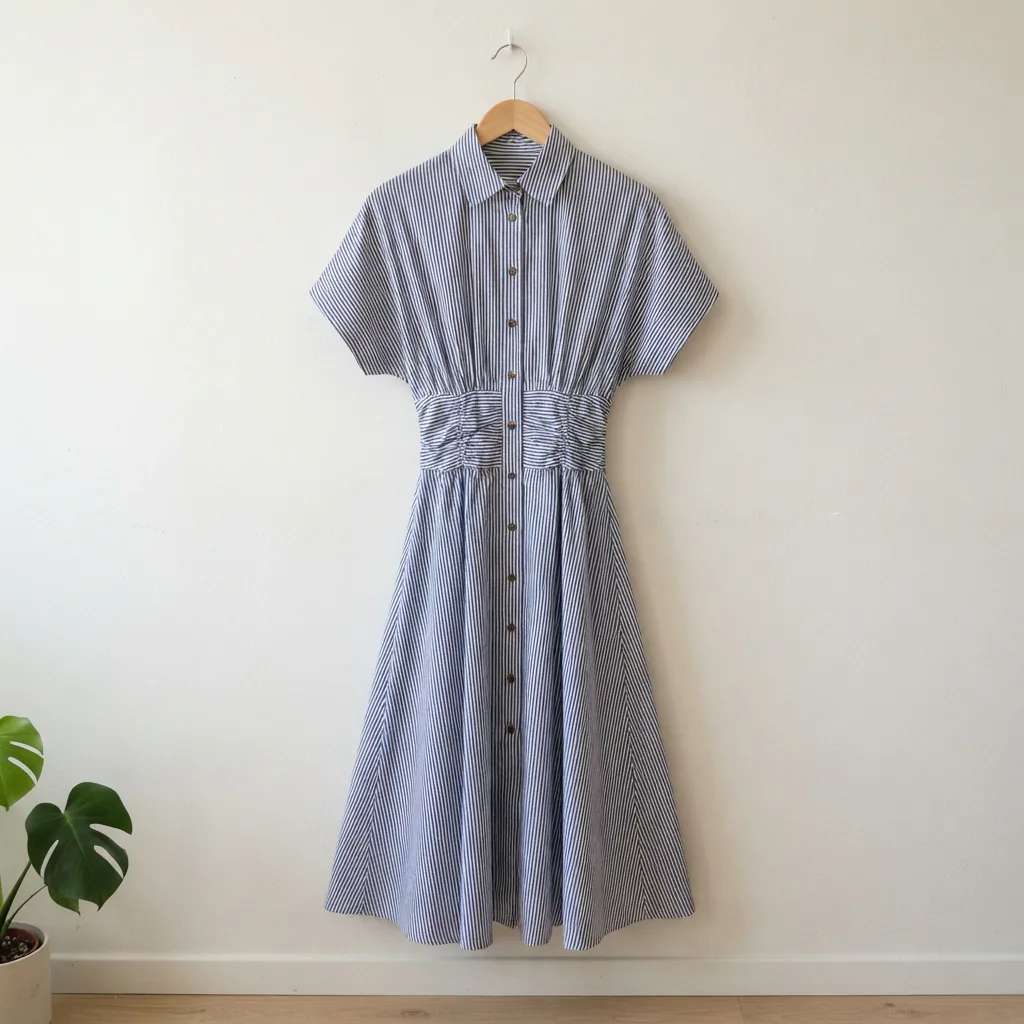 A striped point collar short dolman sleeve button front ruched fit and flare shirt midi dress