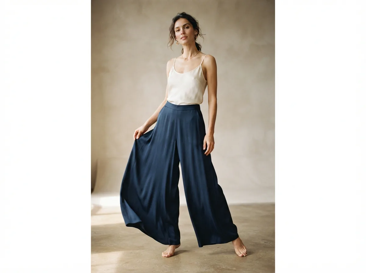 A model in a studio wearing the full wide-leg coordinating pants, highlighting their elegant drape.