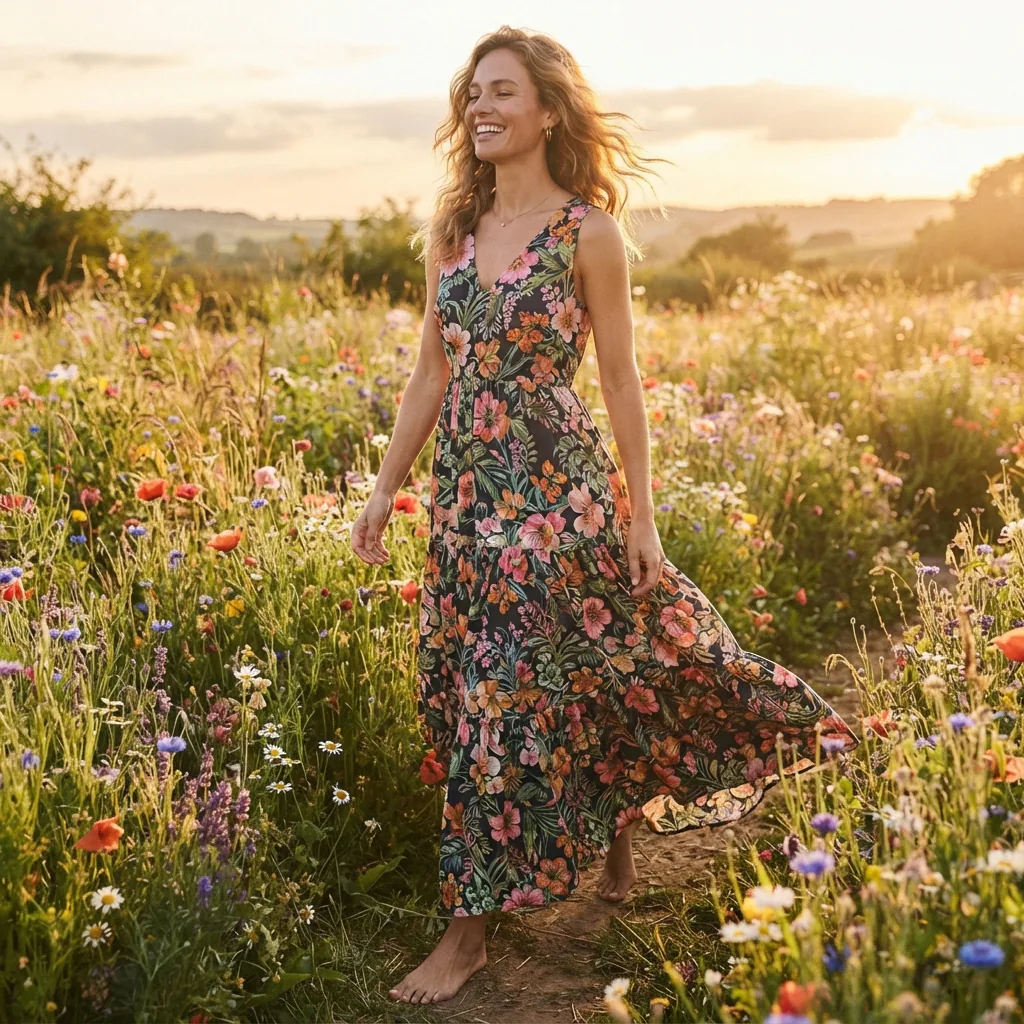 A model wearing a woven floral print v-neck sleeveless A-line flounce maxi dress, walking through a field of wildflowers.