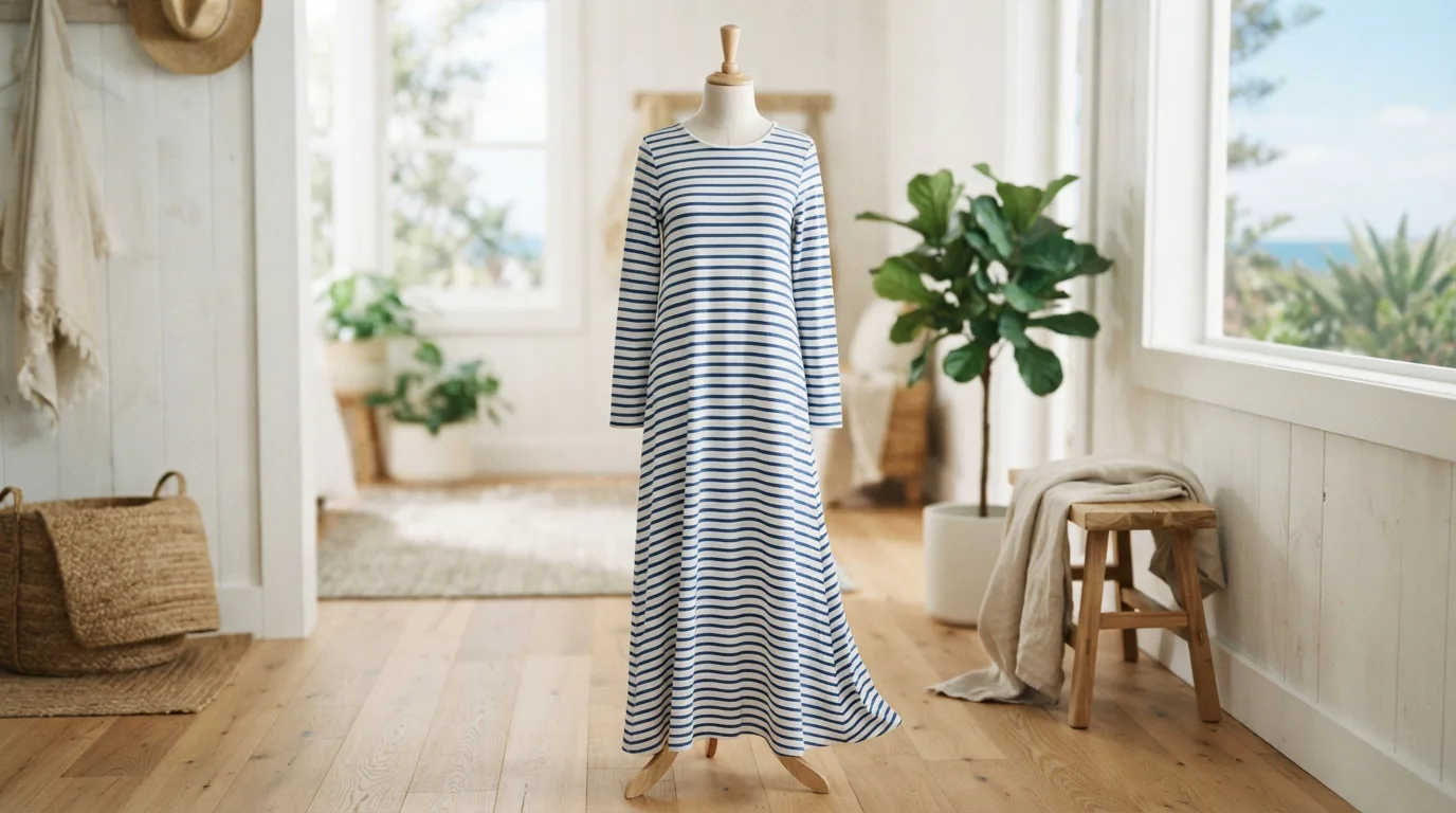 A striped round neck long sleeve maxi dress in blue and white stripes.
