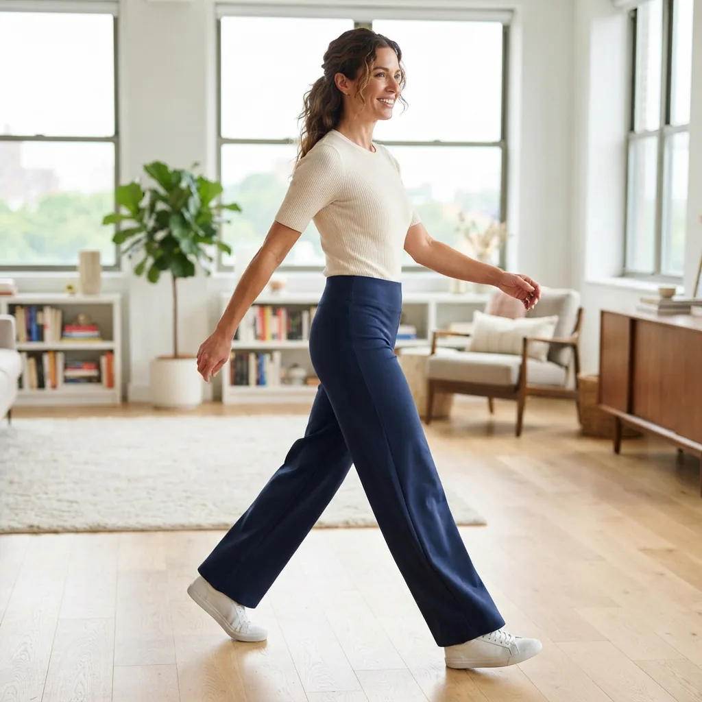 A person wearing the ponte pants, stretching slightly to show the fabric's flexibility and comfort.