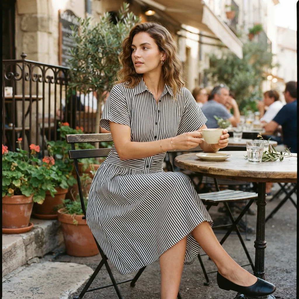 A model wearing a striped point collar button-front ruched fit-and-flare shirt midi dress, sitting at a café table.