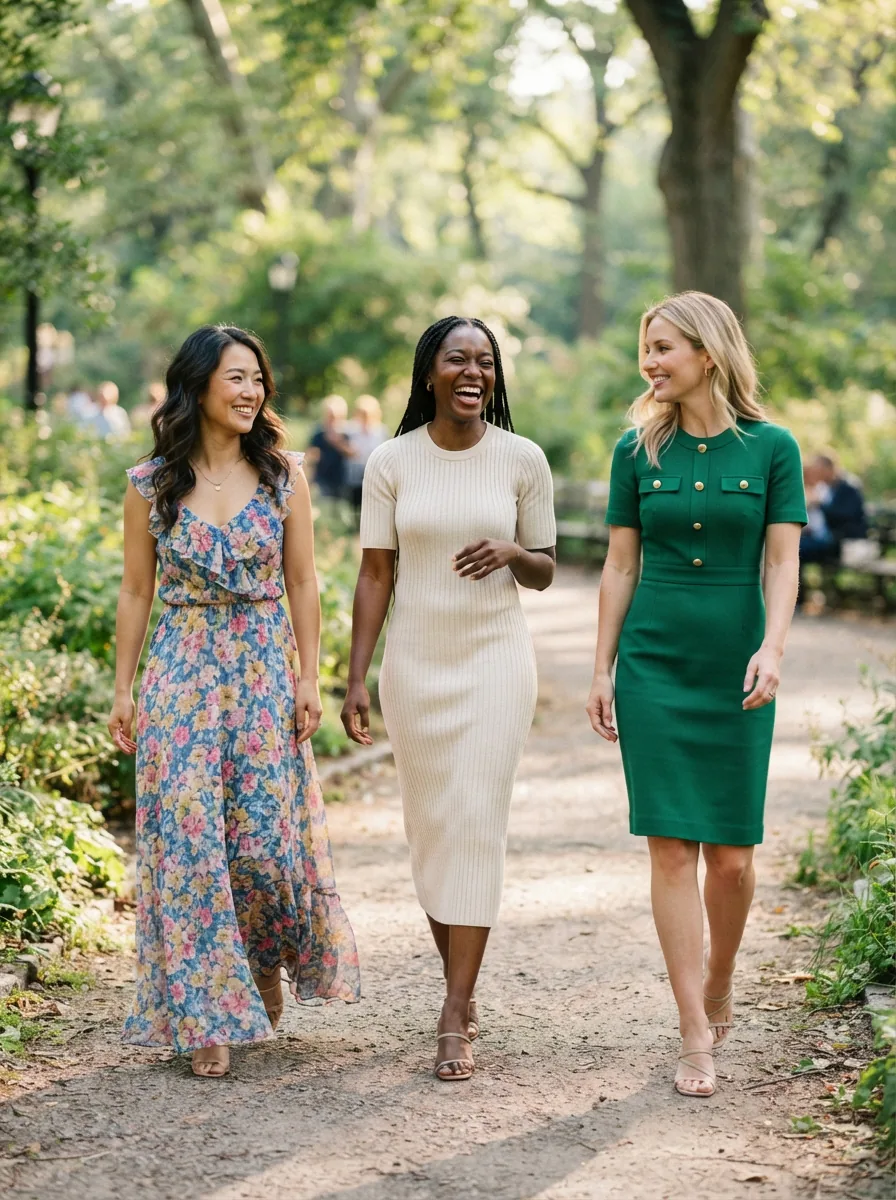 A group of three diverse women laughing and walking together in a park, each wearing a different, stylish Gibson & Latimer dress.