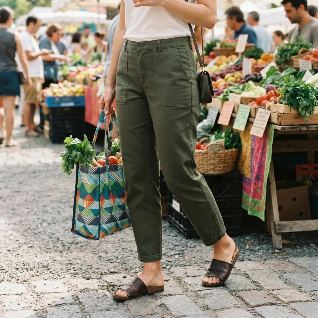 A person wearing the casual pants while walking through a farmer's market.