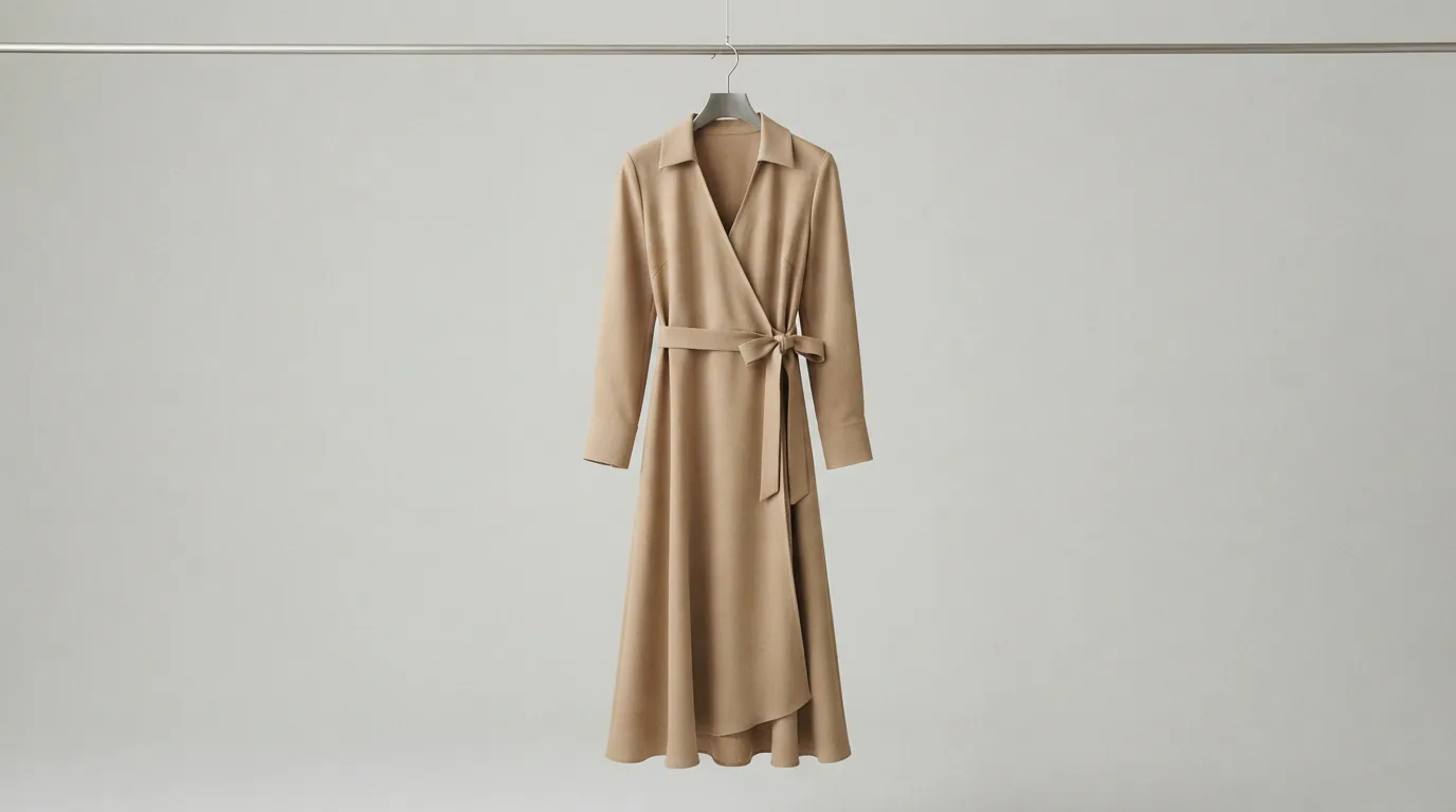 A collared V-neck long sleeve woven wrap midi dress on a hanger