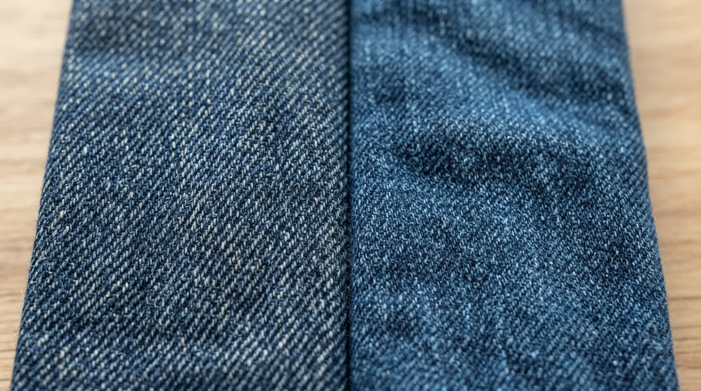 A textured close-up showing the weave of twill fabric next to the slightly more flexible appearance of stretch denim.