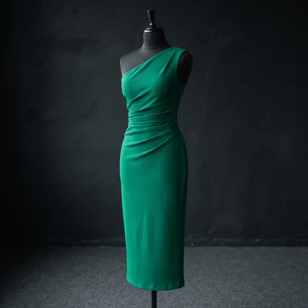 A crepe knit asymmetric neck one shoulder sheath midi dress in a rich color.