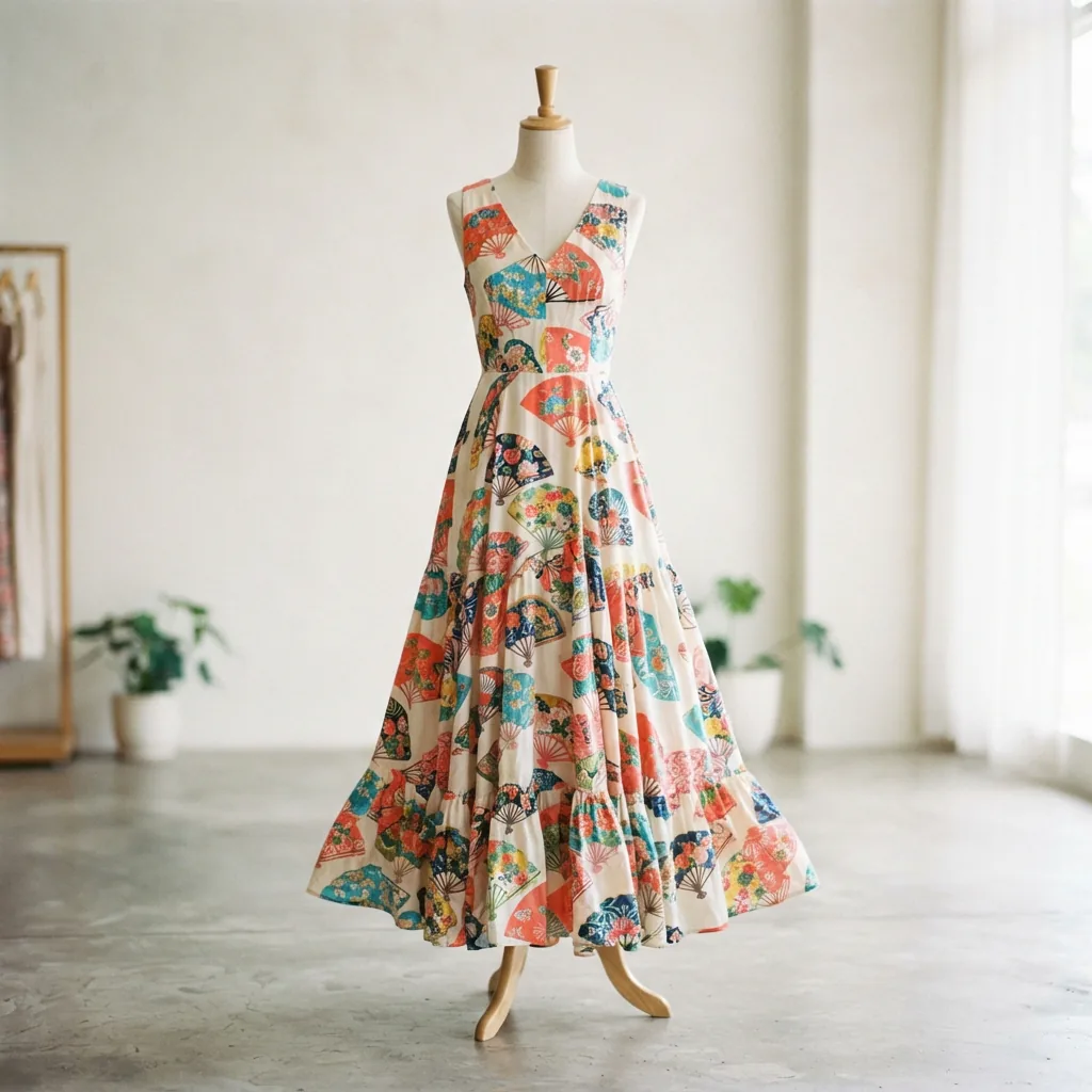 A woven fan print V-neck sleeveless A-line flounce maxi dress with colorful pattern.