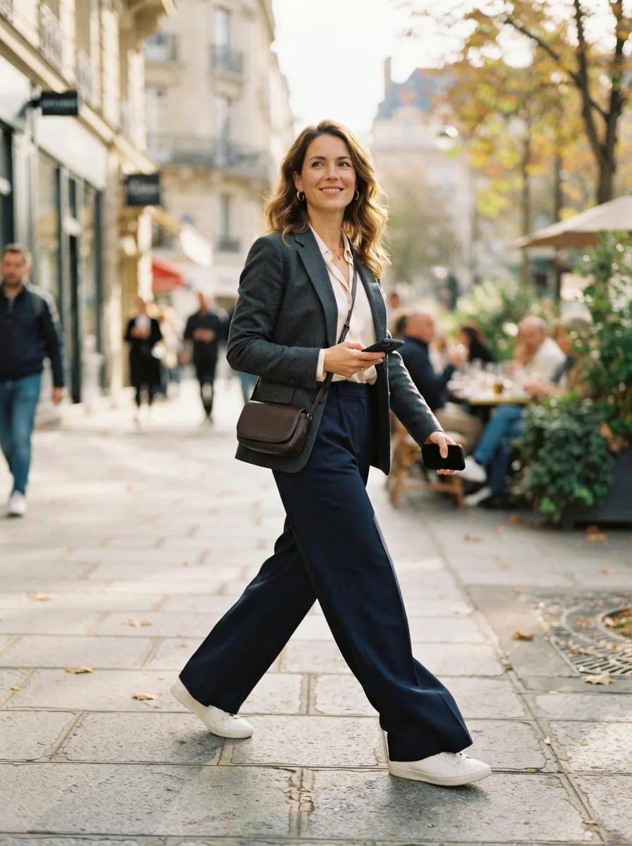 A stylish woman confidently walking down a city street wearing tailored Gibson & Latimer trousers.