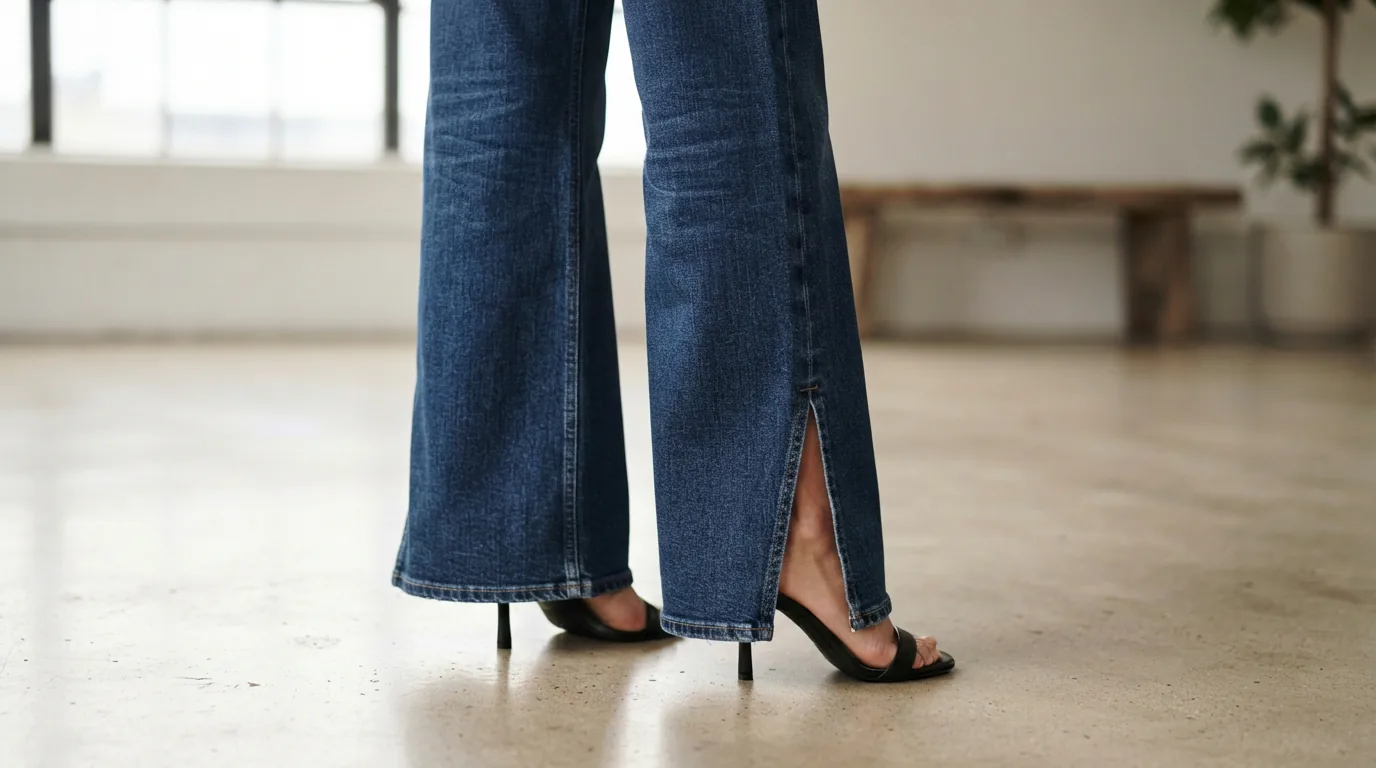 A detailed view of the split side hem on the palazzo jeans, showing the ankle-length wide leg.