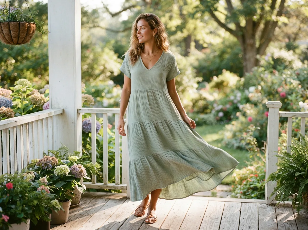 A model wearing a crinkle gauze V-neck short sleeve tiered maxi dress in a soft sage green, standing on a sunlit porch.