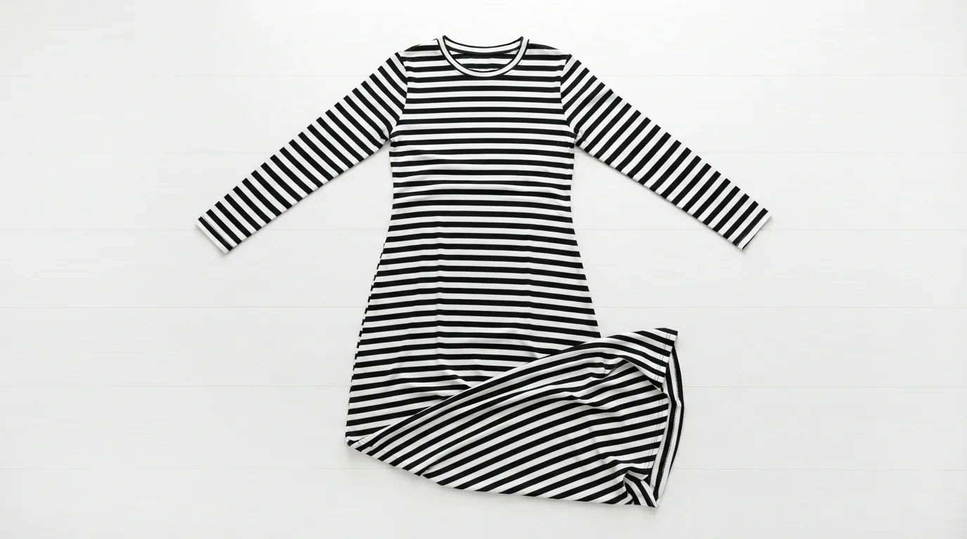 A striped round neck long sleeve maxi dress laid flat