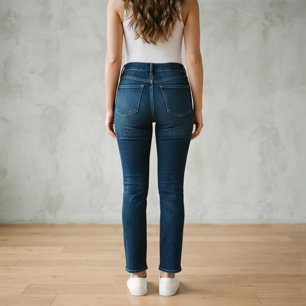 A back view of the Perfect Fit Stretch Denim High Rise Patch Pocket Straight Leg Jeans, showing the pockets and fit.