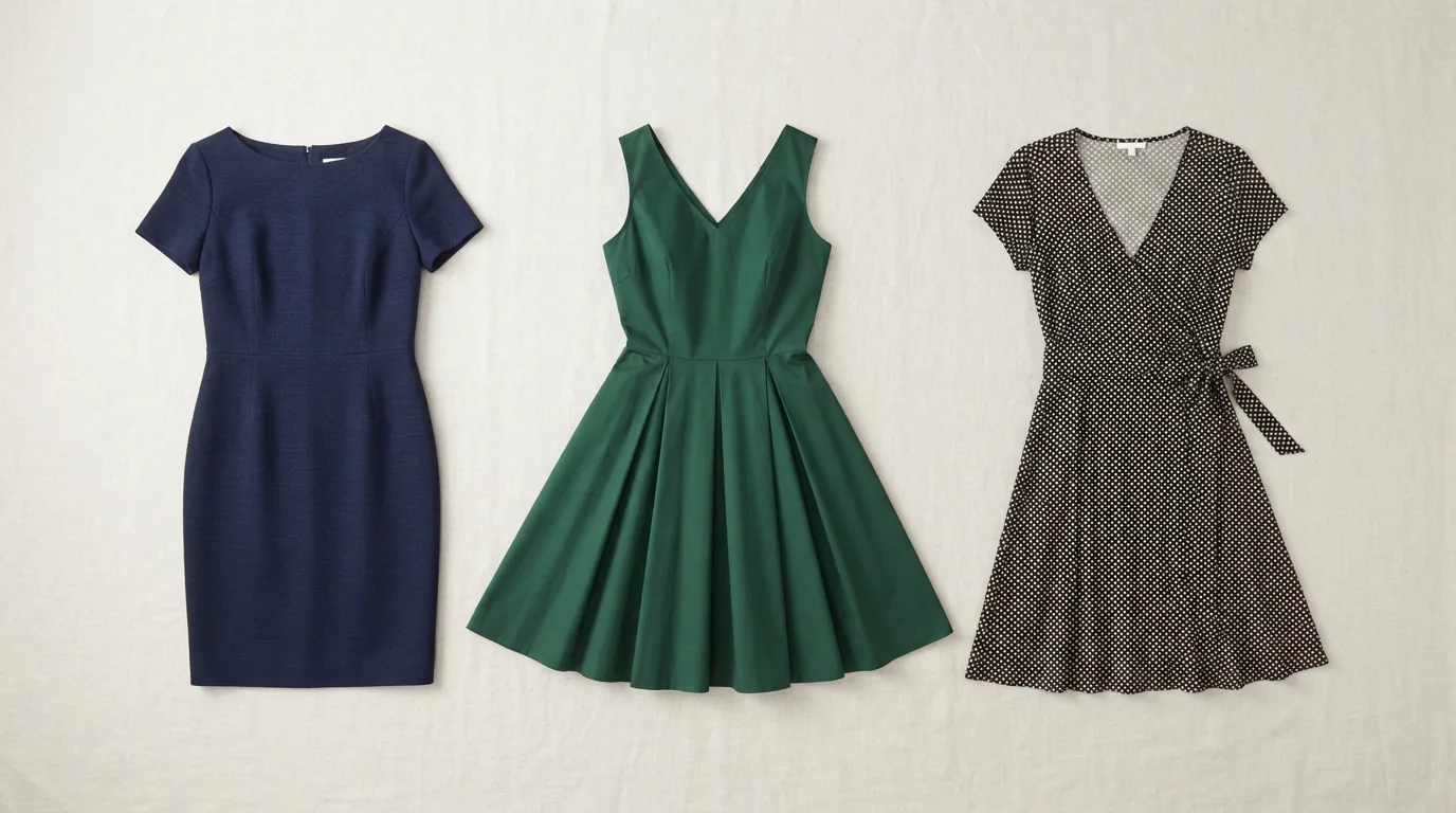 Three different dress silhouettes: sheath, A-line, and wrap