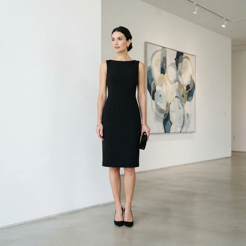 A model wearing a perfect fit woven boat neck sleeveless sheath dress in classic black, standing in a contemporary art gallery.