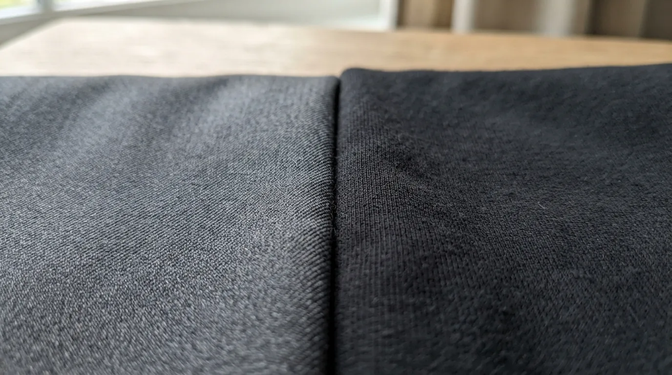 Close-up textures of woven suiting fabric and a soft ponte knit.