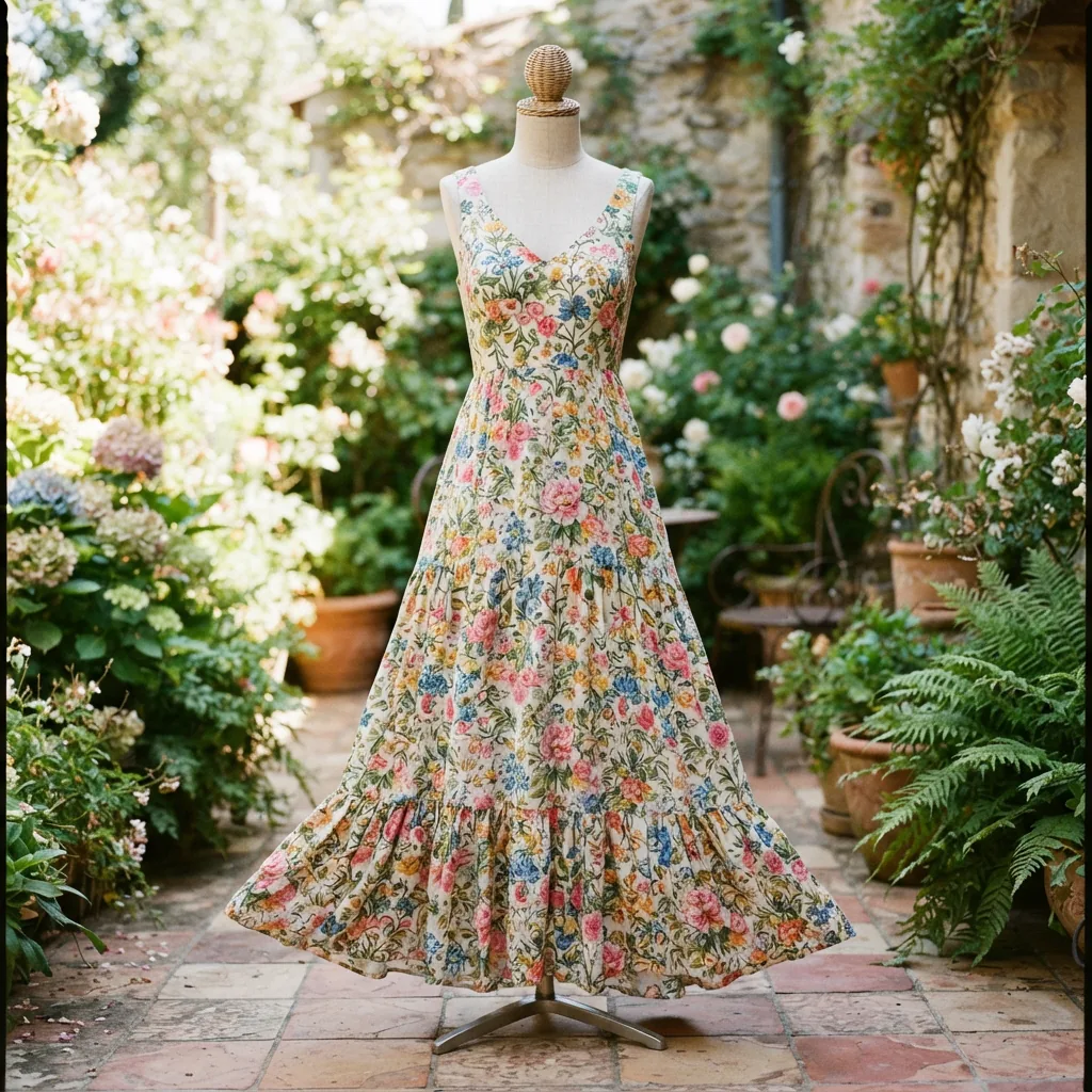 A woven floral print V-neck sleeveless A-line flounce maxi dress in bright colors.