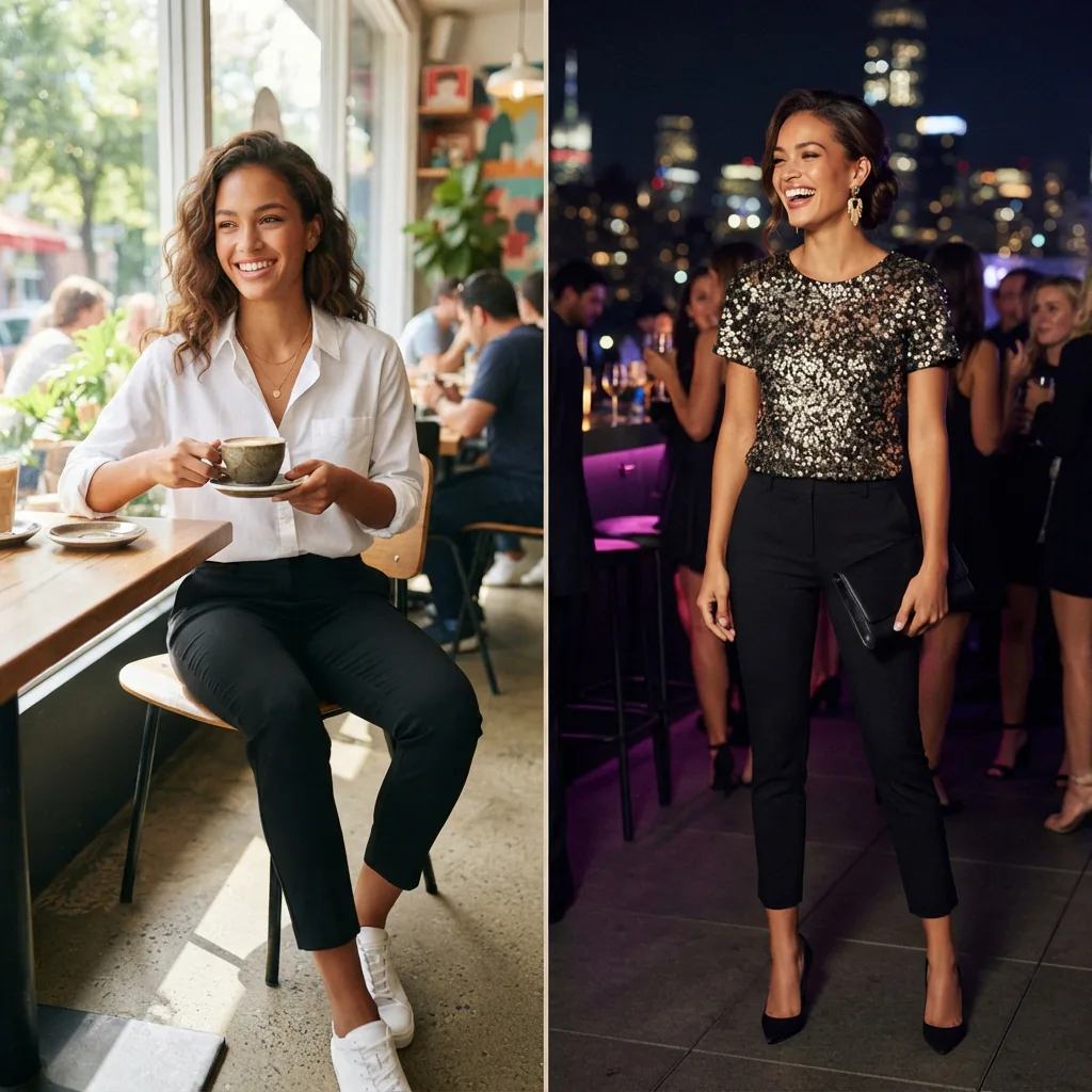 A model shown in a split-screen or diptych style, wearing versatile pants in a day and night setting.