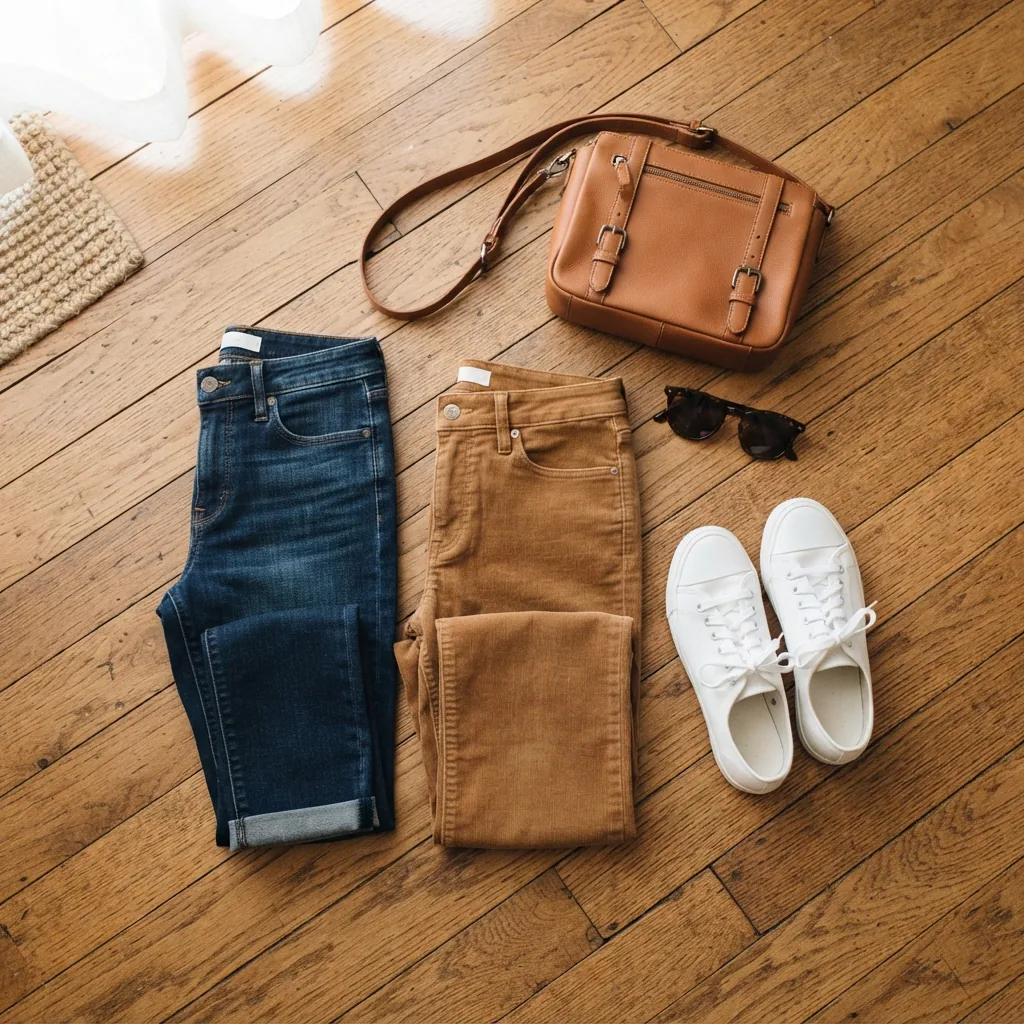 A flat lay of casual jeans and corduroy pants alongside sneakers and a crossbody bag.
