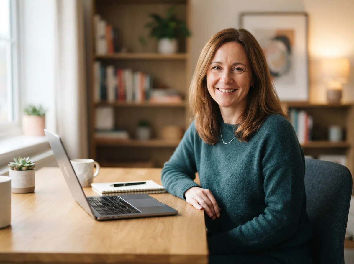 A friendly customer service representative with a warm smile, sitting at a clean desk with a laptop and a notepad.