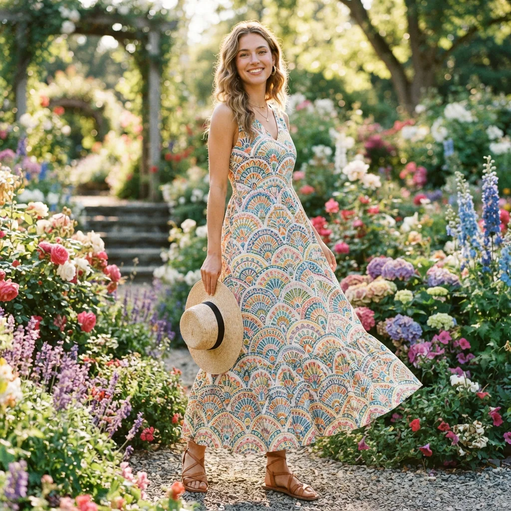 A model wearing a woven fan print v-neck sleeveless A-line flounce maxi dress, smiling in a colorful garden setting.