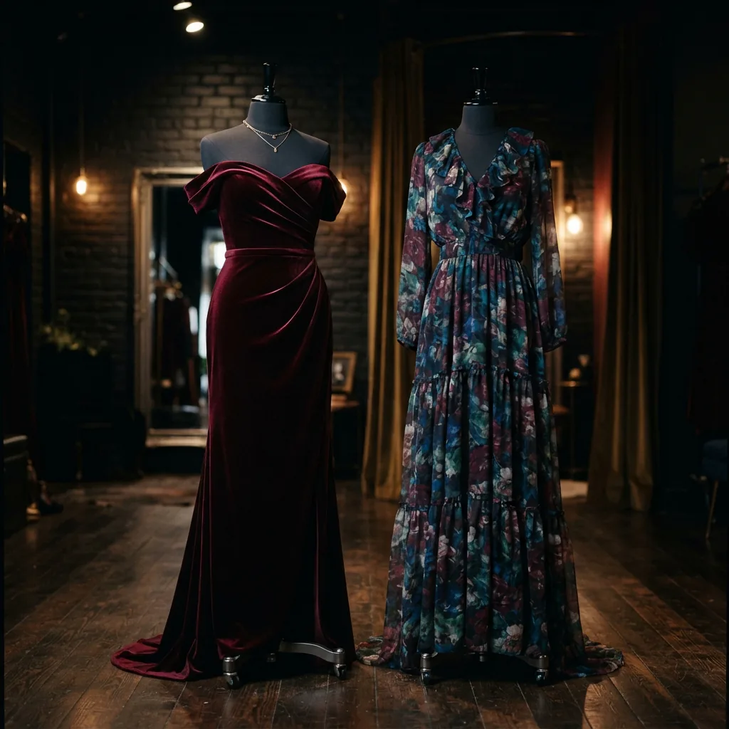 An elegant velvet dress and a flowing floral maxi dress
