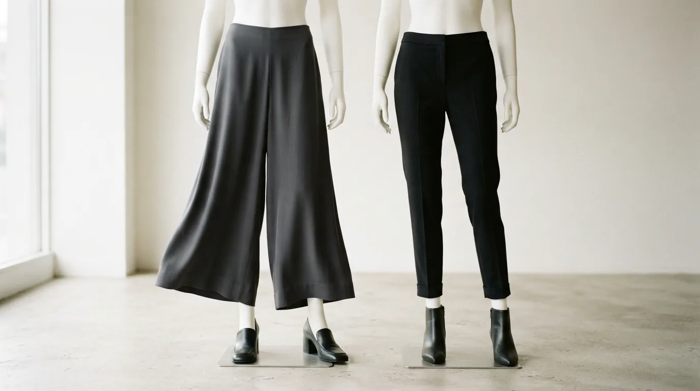 A side-by-side comparison of a wide-leg and a tapered trouser on mannequins.