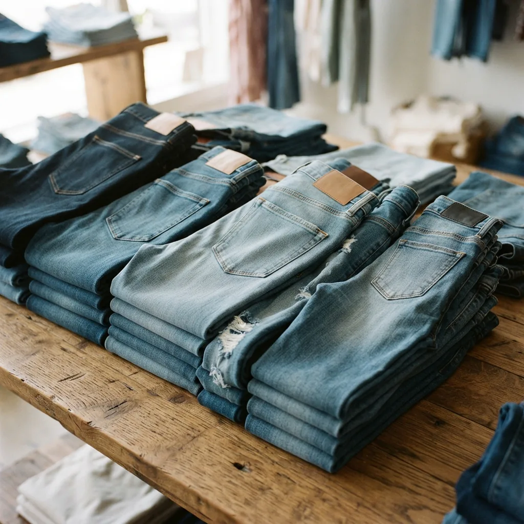 A neat row of folded straight-leg and skinny jeans from the Gibson & Latimer collection, showing various denim washes.