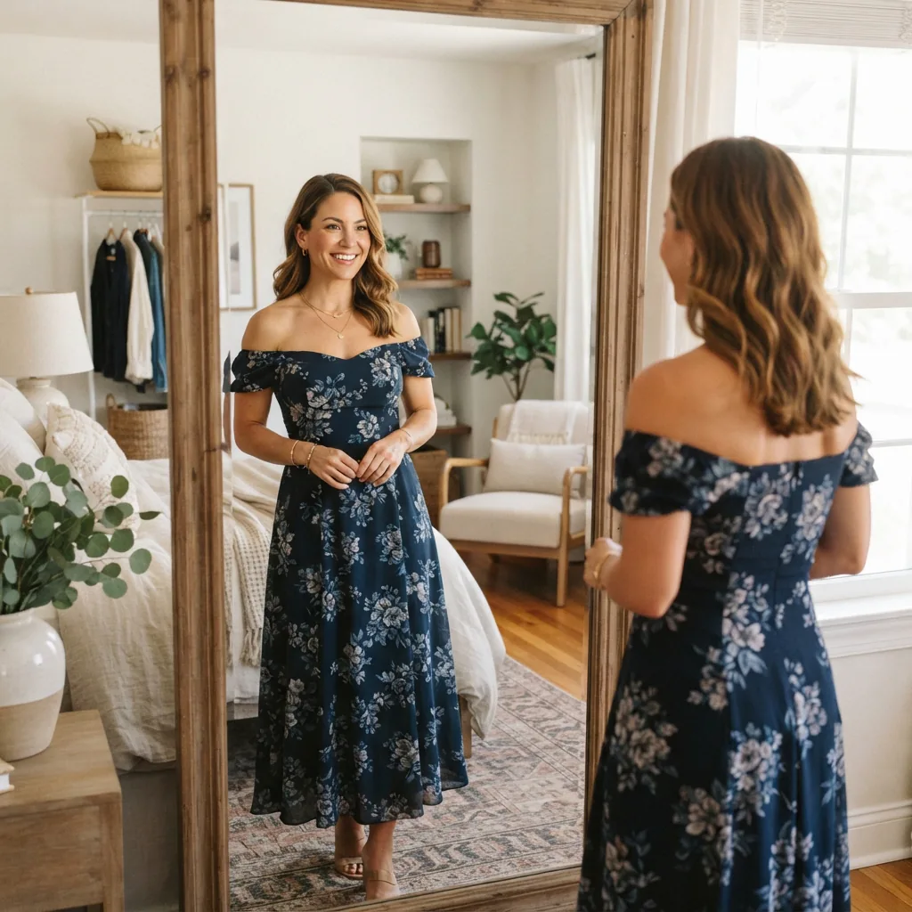 A woman smiling while looking at her reflection in a boutique mirror, wearing a trendy but accessible Gibson & Latimer dress.