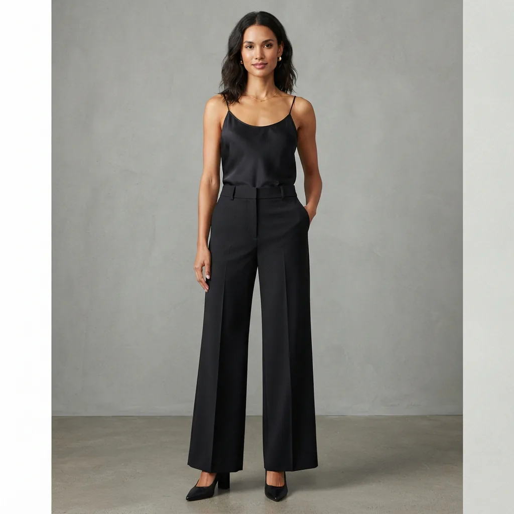 A model wearing the high-rise, wide-leg suiting trousers, styled for a business meeting.