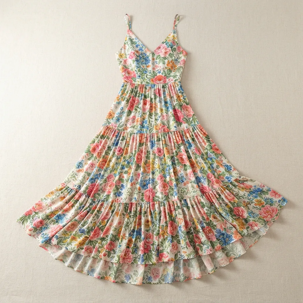 A woven floral print V-neck sleeveless A-line flounce maxi dress