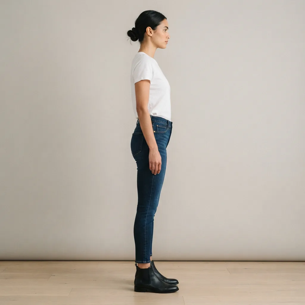A side profile of a model wearing the Ankle Skinny Leg Slimming Panel Stretch Denim Jeans, highlighting the sleek fit.