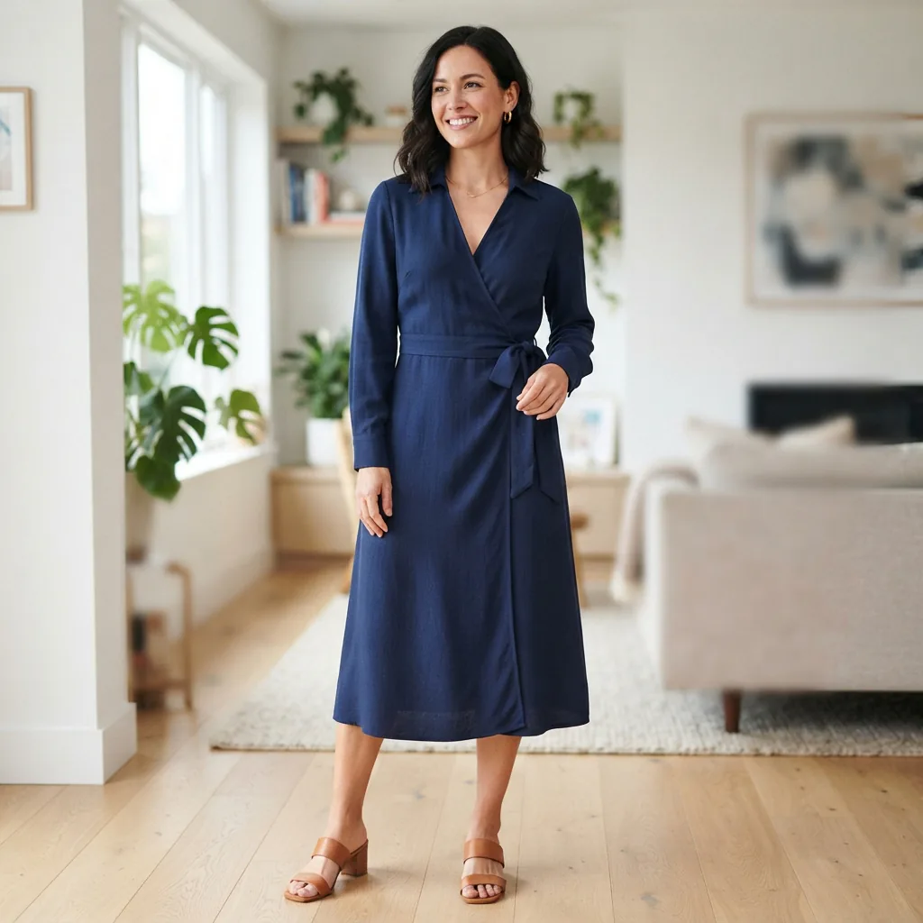 A model wearing a collared V-neck long sleeve woven midi wrap dress