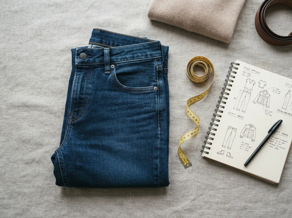 A flat-lay of Gibson & Latimer jeans, a measuring tape, and a style guide, suggesting a thoughtful selection process.