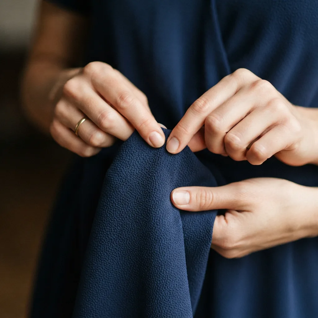A detailed close-up shot of hands feeling the texture of a soft, high-quality crepe knit fabric from a Gibson & Latimer dress.