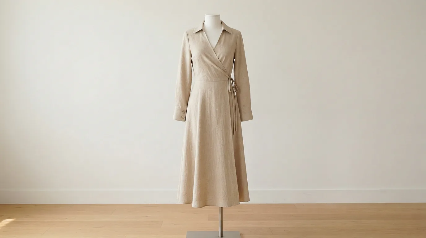A collared V-Neck long sleeve woven wrap midi dress in a different fabric on a mannequin.