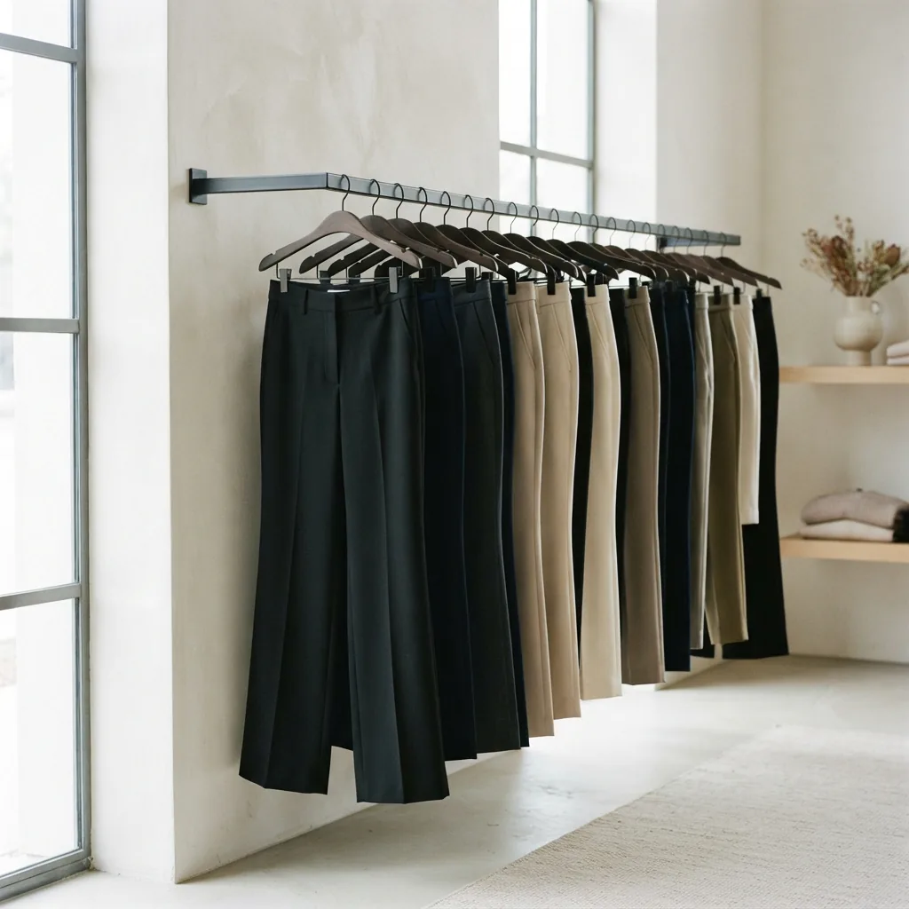 A collection of tailored trousers and dress pants hanging on a rack in a well-lit room.
