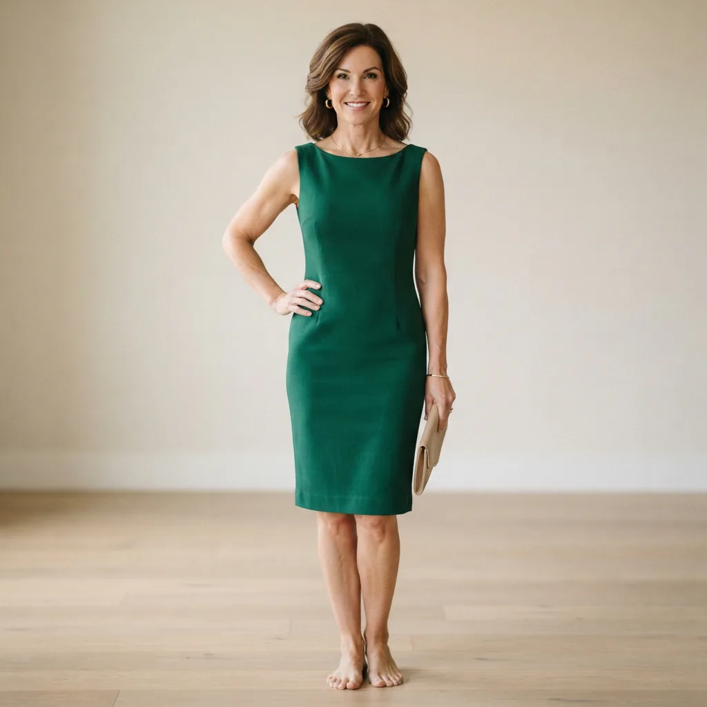 A perfect fit woven boat neck sleeveless sheath dress on a model