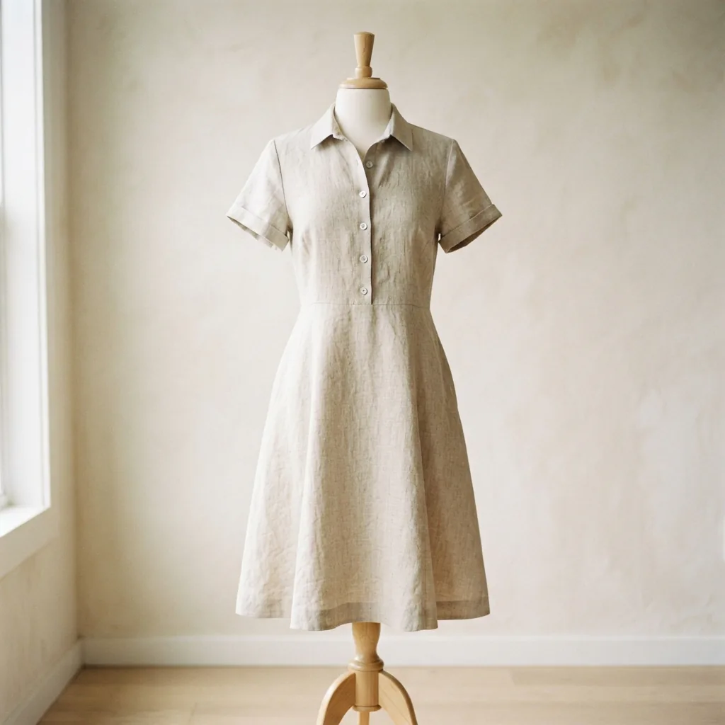 A linen blend collared short sleeve button front A-line dress in a natural fabric tone.