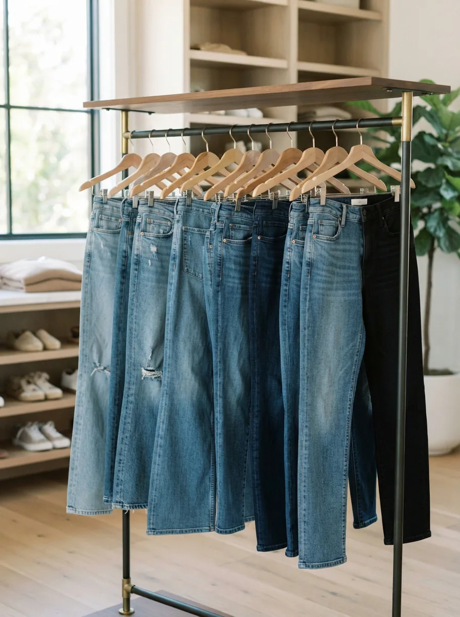 A stylish assortment of Gibson & Latimer jeans in various washes and silhouettes, displayed neatly on a rack.