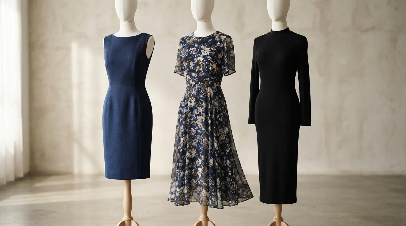 A close-up of three different Gibson & Latimer dresses on mannequins, showcasing varied styles, fabrics, and silhouettes.