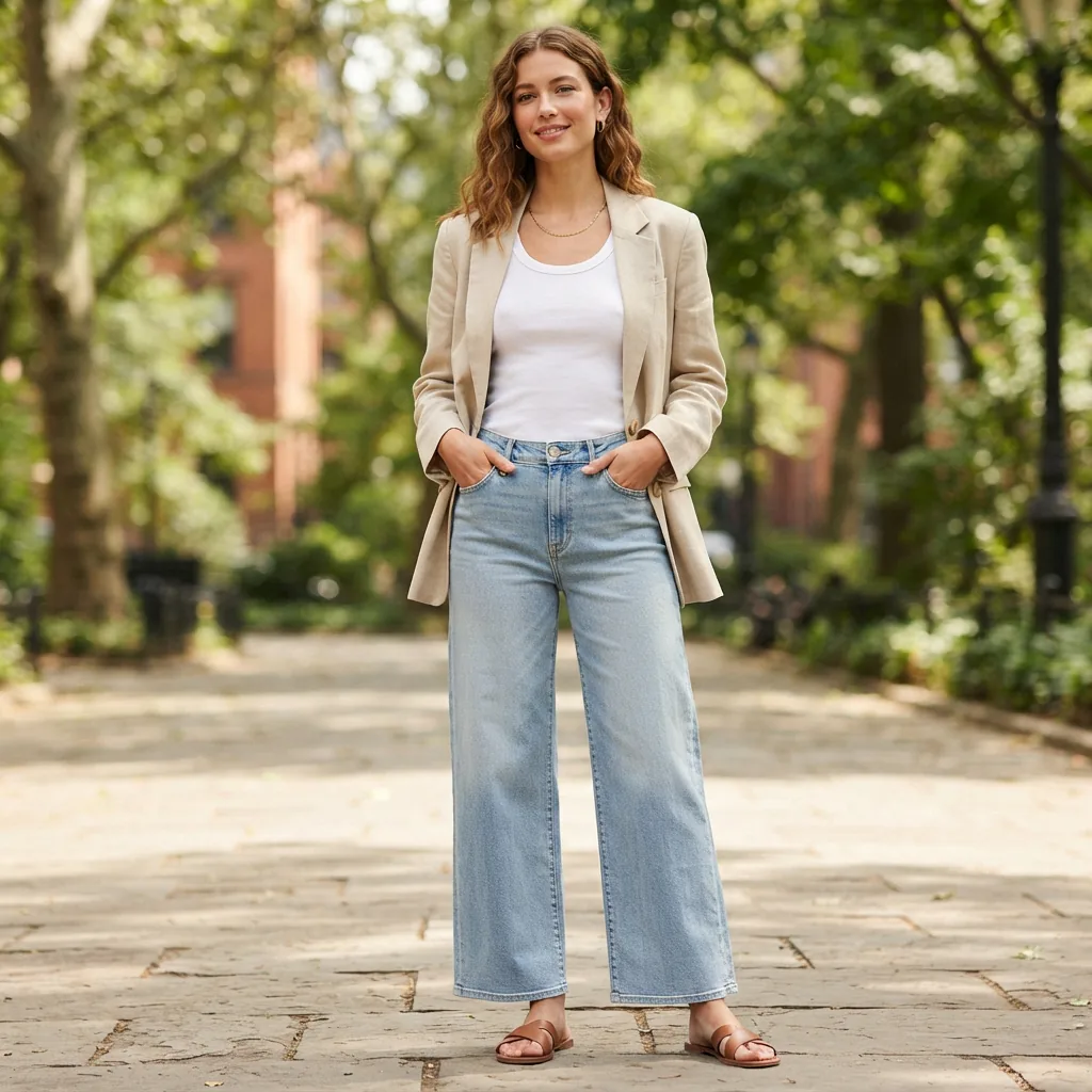 A model wearing the Perfect Fit Denim Mid Rise Wide Leg Jeans in a light wash, standing in a casual pose.