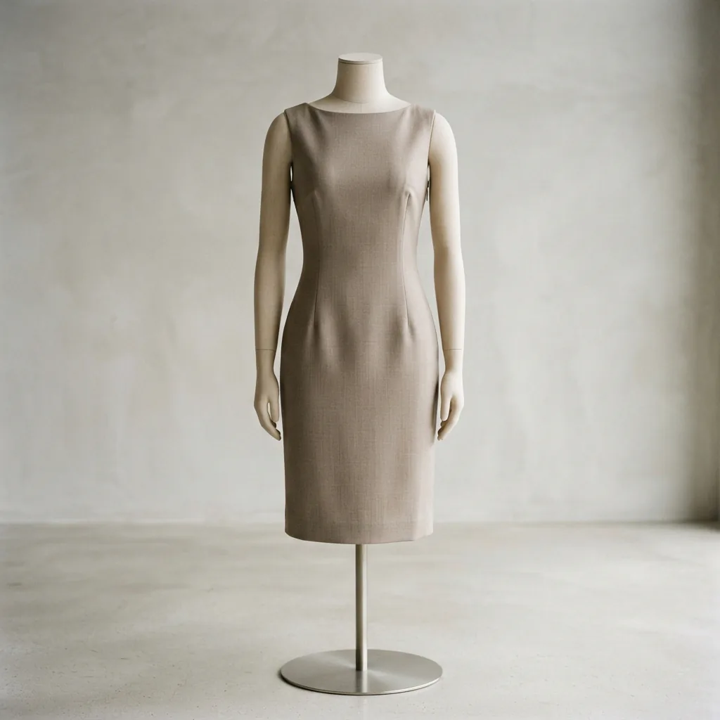 A Perfect Fit woven boat neck sleeveless sheath dress in a classic neutral color.